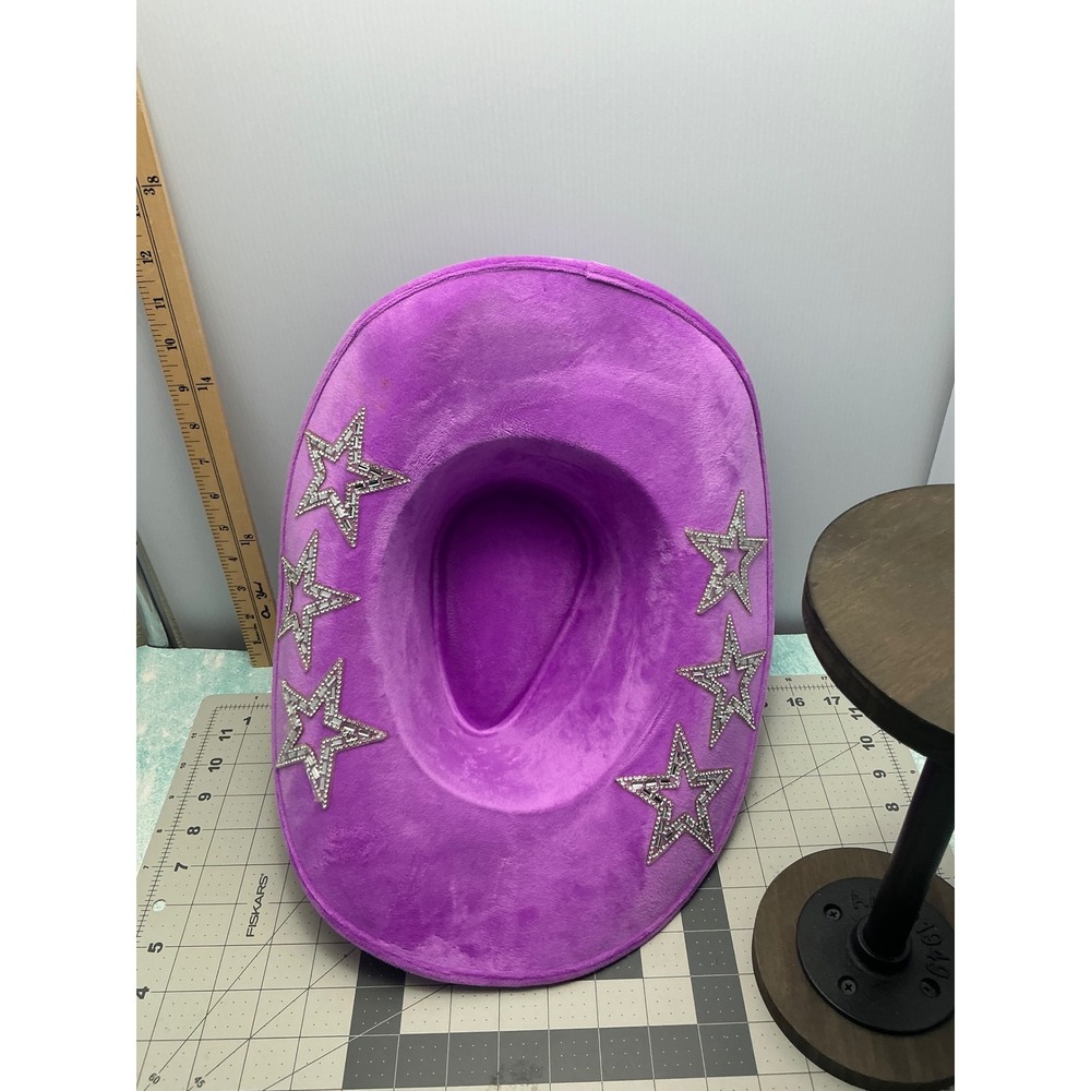 Purple Fuzzy Velvet Cowboy Hat Rhinestone Heart Star Embellished Western Glam - Picture 5 of 7